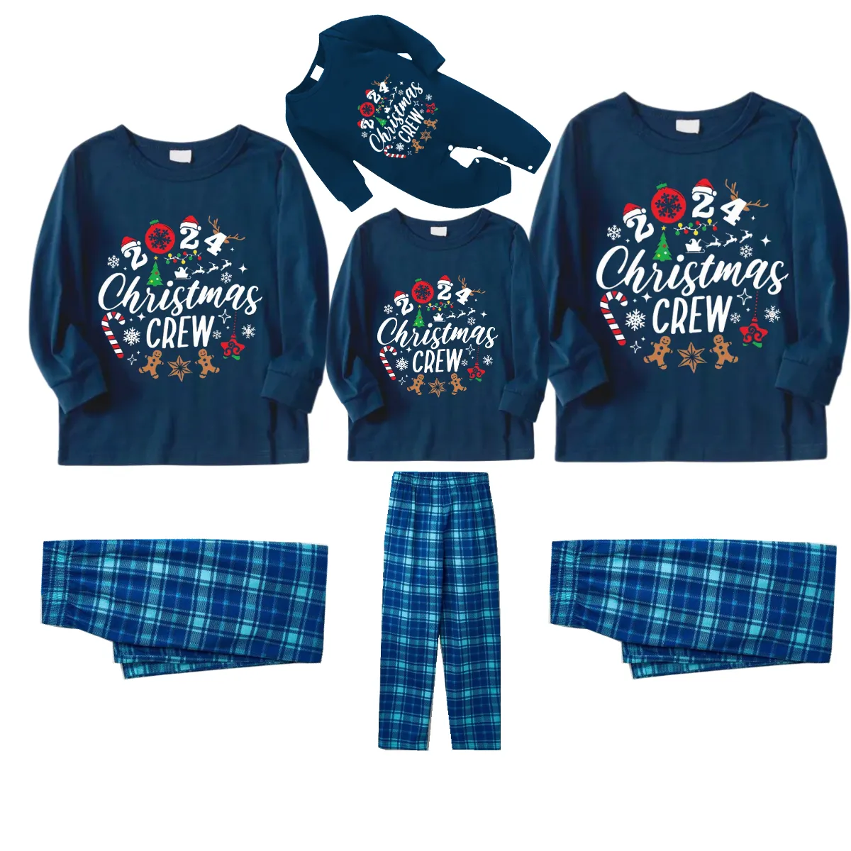 2024 Christmas Crew Making Memories Together Text Print Blue Long Sleeve Top With Blue Plaid Family Matching Pajamas