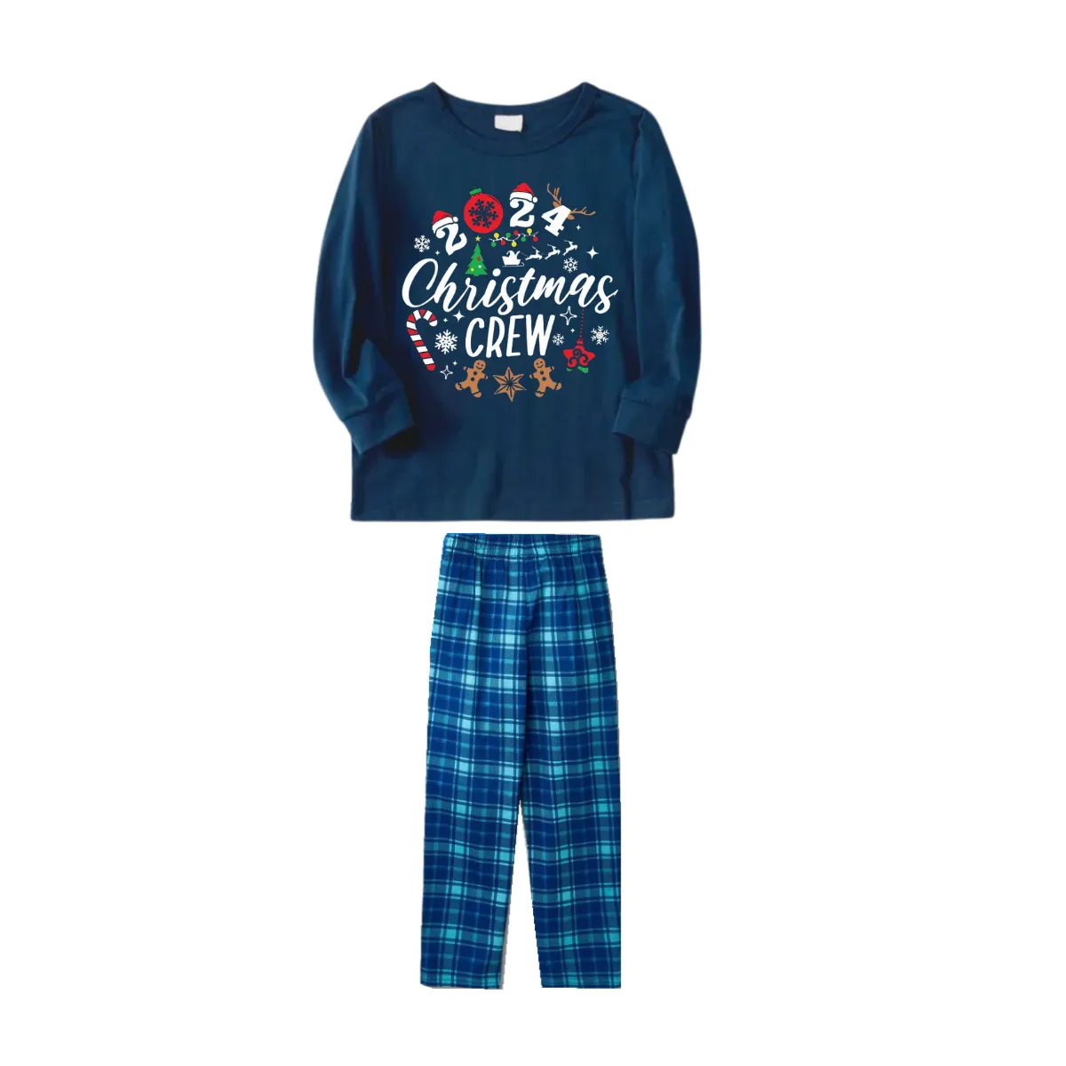 2024 Christmas Crew Making Memories Together Text Print Blue Long Sleeve Top With Blue Plaid Family Matching Pajamas