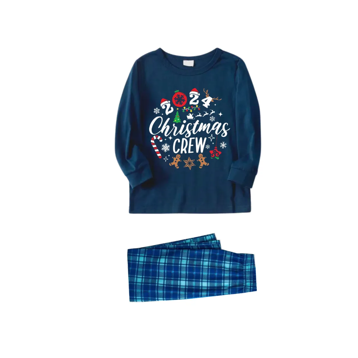 2024 Christmas Crew Making Memories Together Text Print Blue Long Sleeve Top With Blue Plaid Family Matching Pajamas