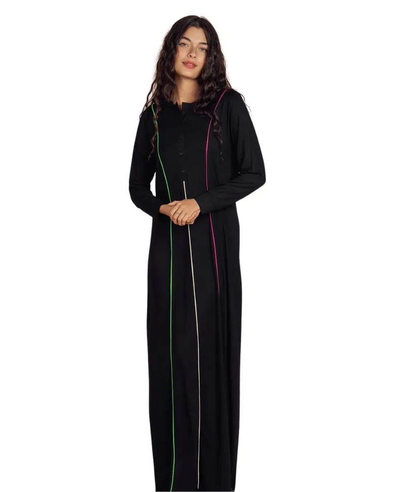 908 Black Color Piping Button Down Cotton Nightgown