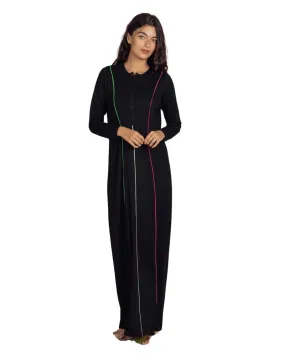 908 Black Color Piping Button Down Cotton Nightgown