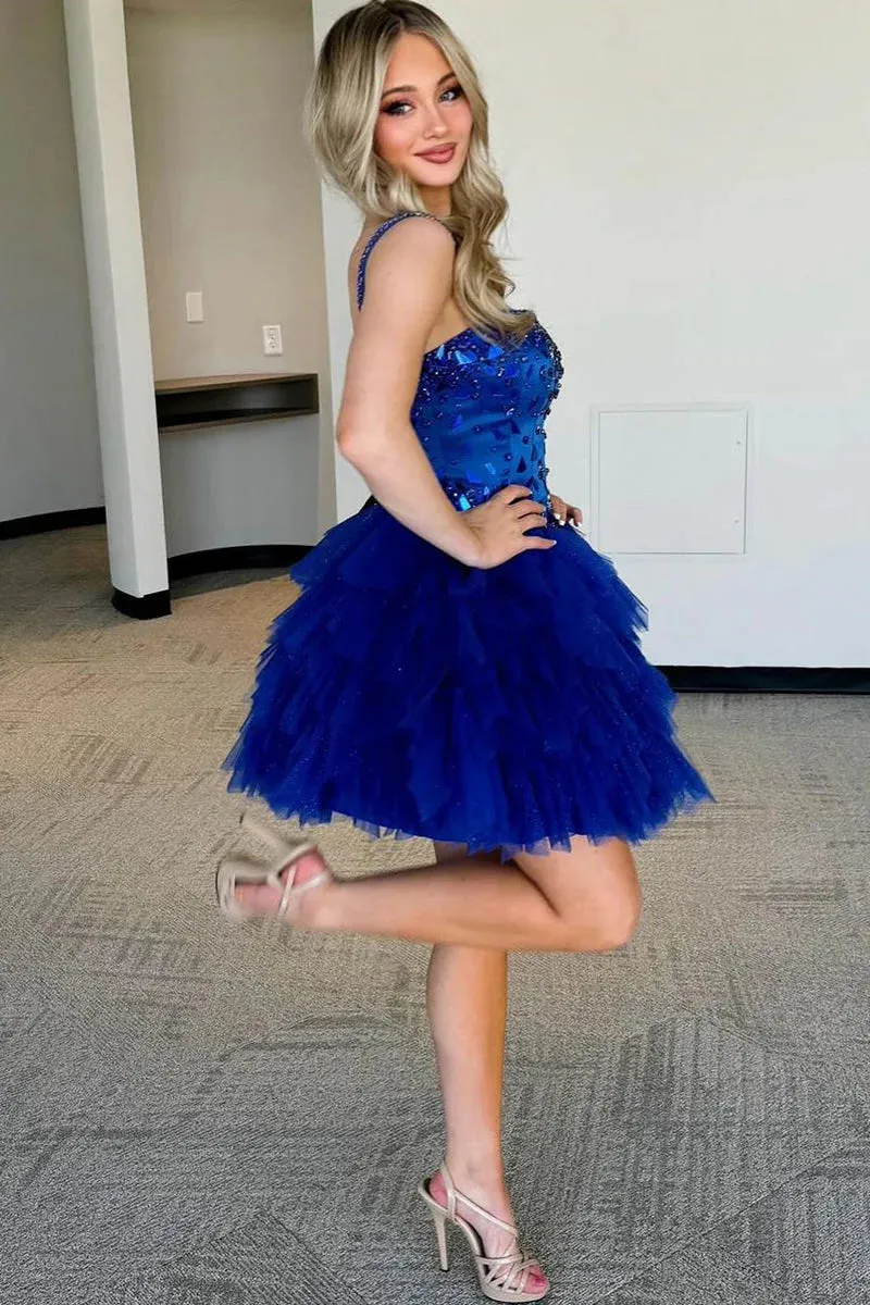 A Line Straps Royal Blue Ruffled Tulle Homecoming Dresses with Beading