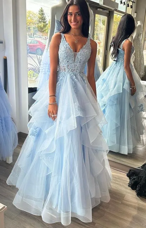 A-line V-neck Tulle Sky Blue Long Prom Dress with Lace Appliques GP615