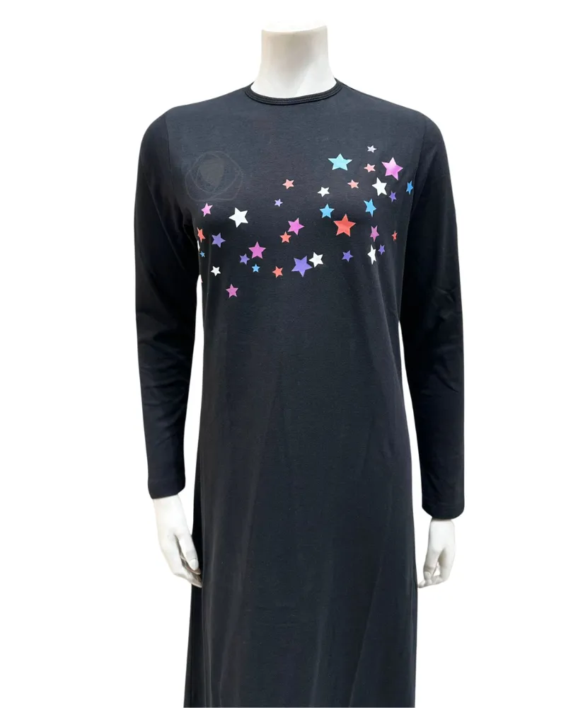 AK735 Stars Screen Print Black Pull On Cotton Teen Nightgown