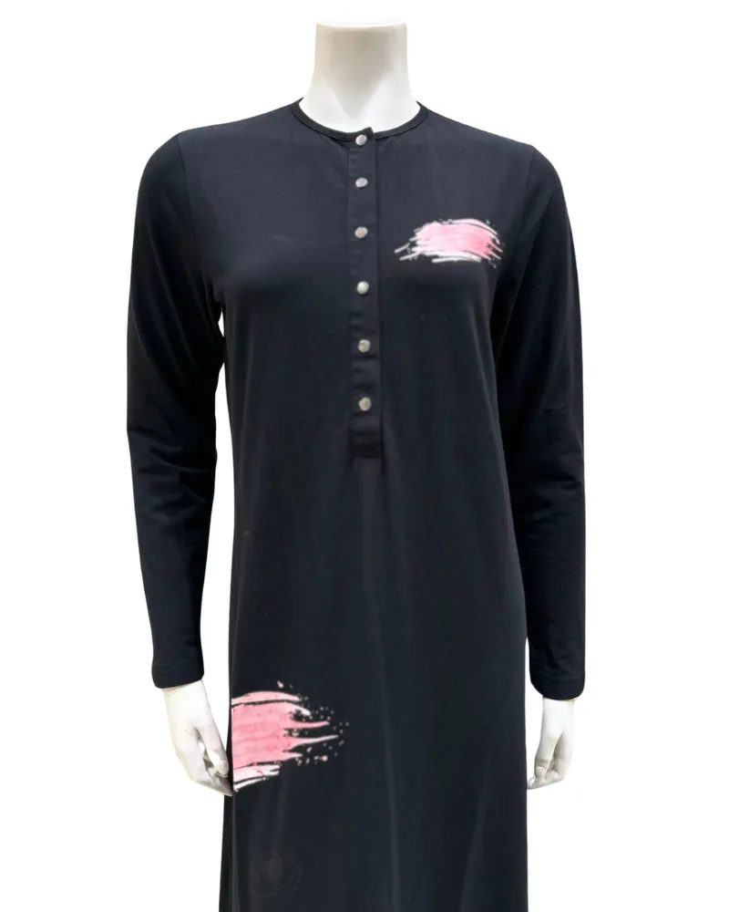 AK822 Pink Strokes Screen Print Snap Front Black Cotton Nightgown