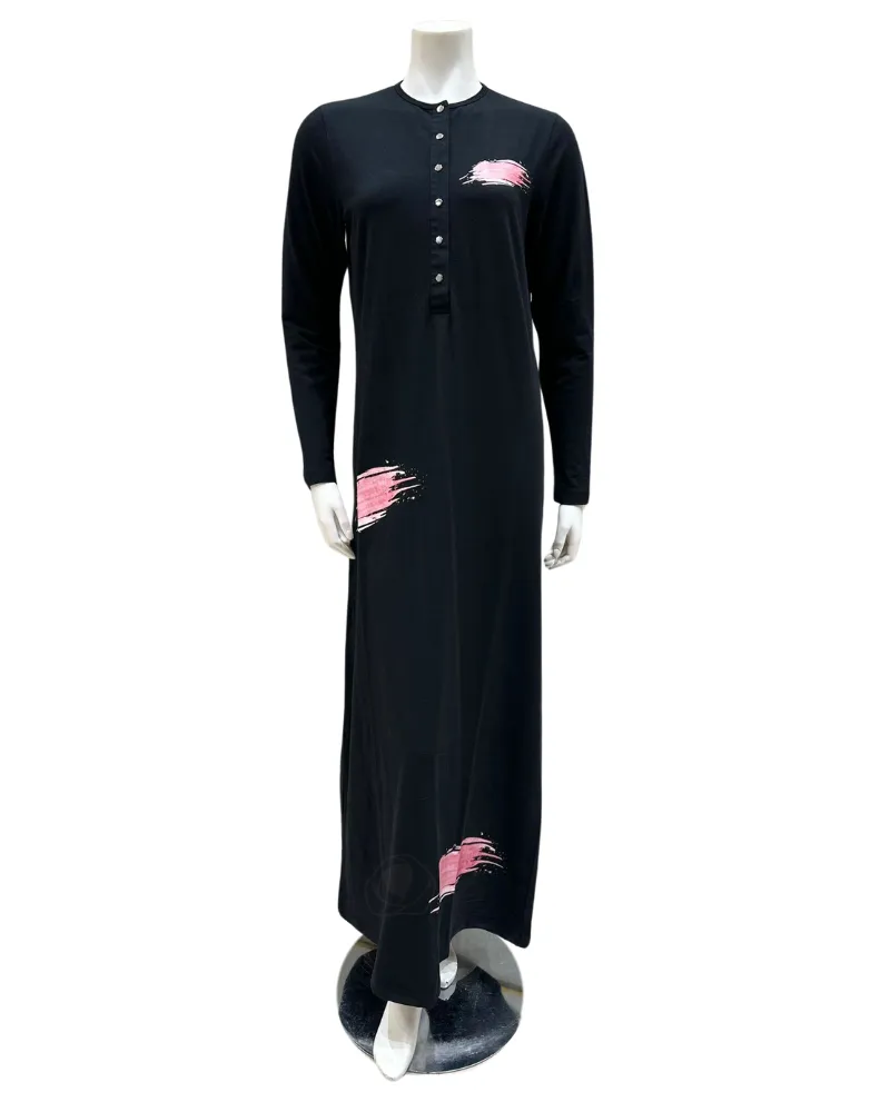 AK822 Pink Strokes Screen Print Snap Front Black Cotton Nightgown