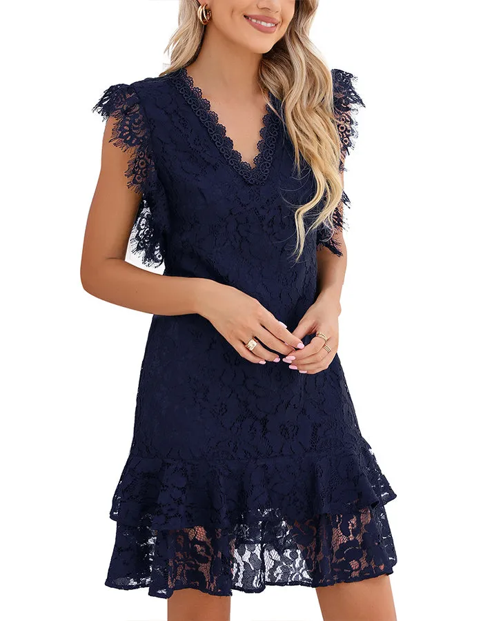 ALLOVIN Women's Elegant V Neck Ruffle Hem Floral Lace Cocktail Dress Sleeveless Wedding Guest Party Dress