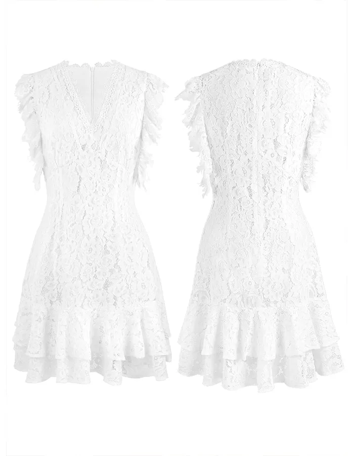 ALLOVIN Women's Elegant V Neck Ruffle Hem Floral Lace Cocktail Dress Sleeveless Wedding Guest Party Dress