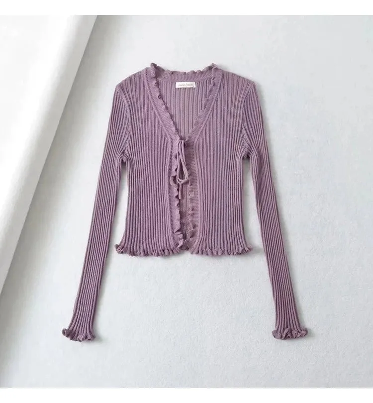 American-Style Long Sleeve V-neck Lace-up Slim-Fit Knitted Top