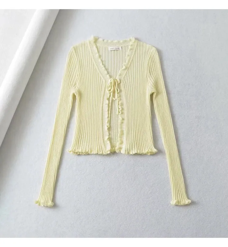 American-Style Long Sleeve V-neck Lace-up Slim-Fit Knitted Top