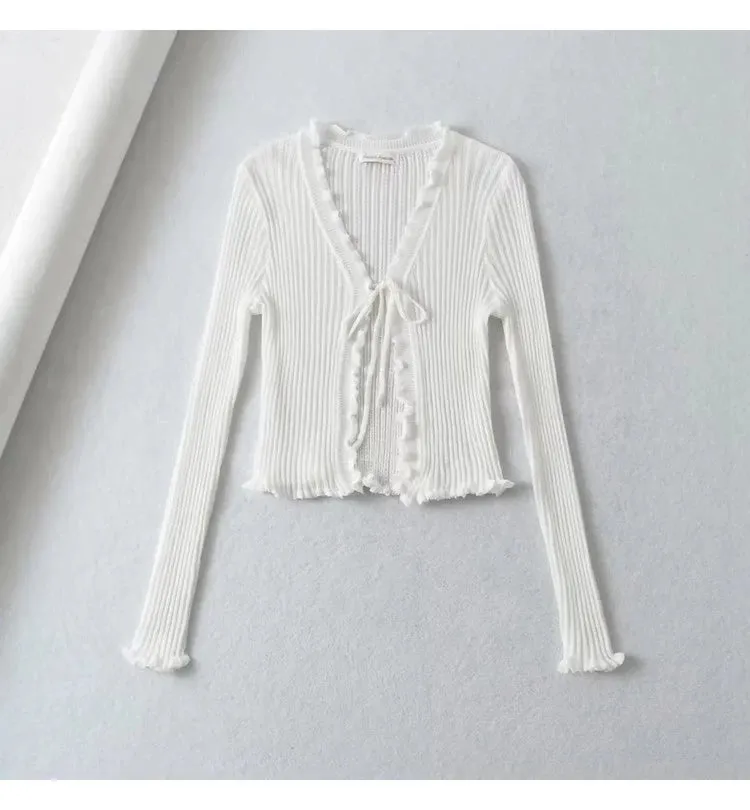 American-Style Long Sleeve V-neck Lace-up Slim-Fit Knitted Top