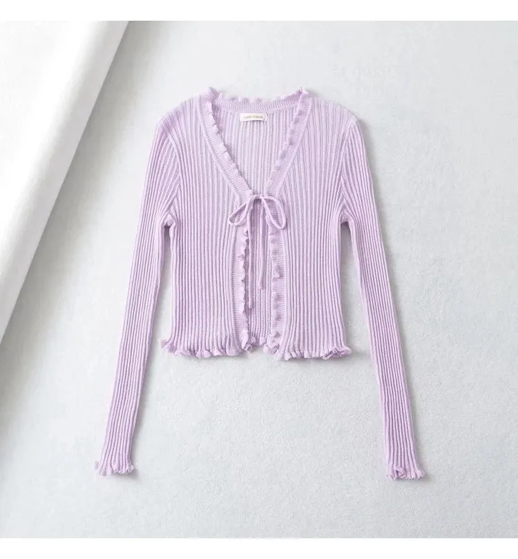 American-Style Long Sleeve V-neck Lace-up Slim-Fit Knitted Top