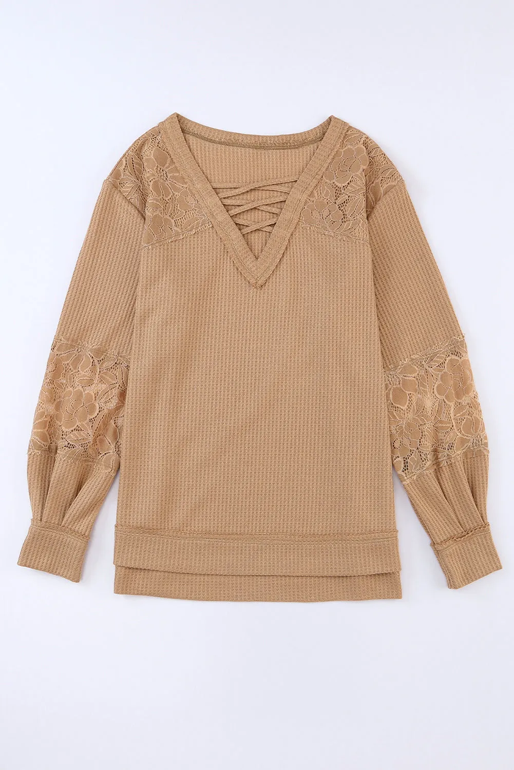 Apricot Lace Waffle Patchwork Strappy V Neck Long Sleeve Top