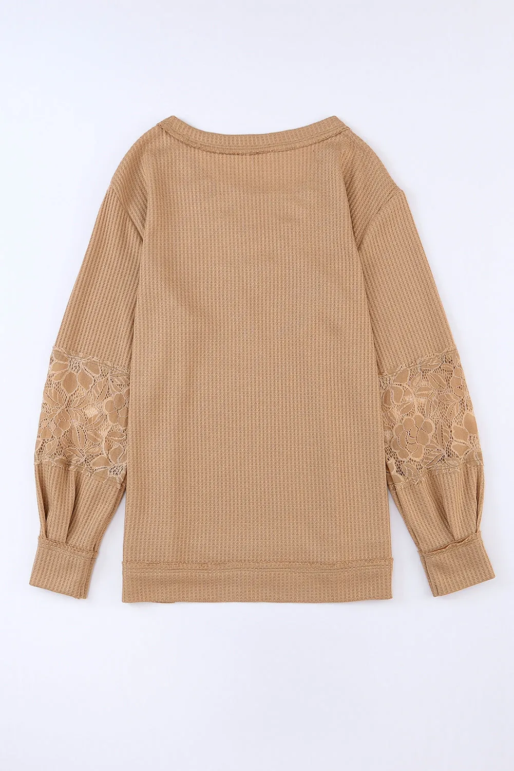 Apricot Lace Waffle Patchwork Strappy V Neck Long Sleeve Top