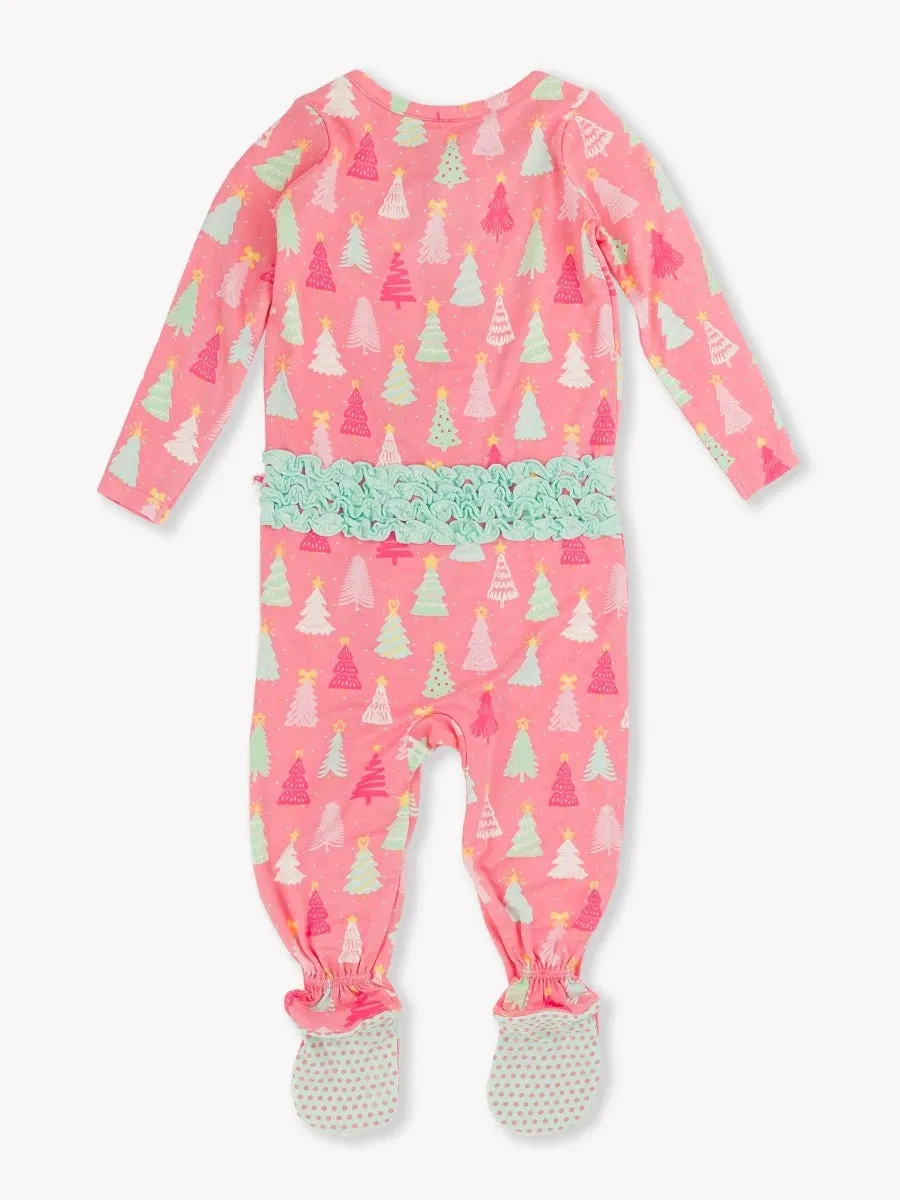 Baby Girls Bamboo Ruffle Footie - Merry Pink Pines