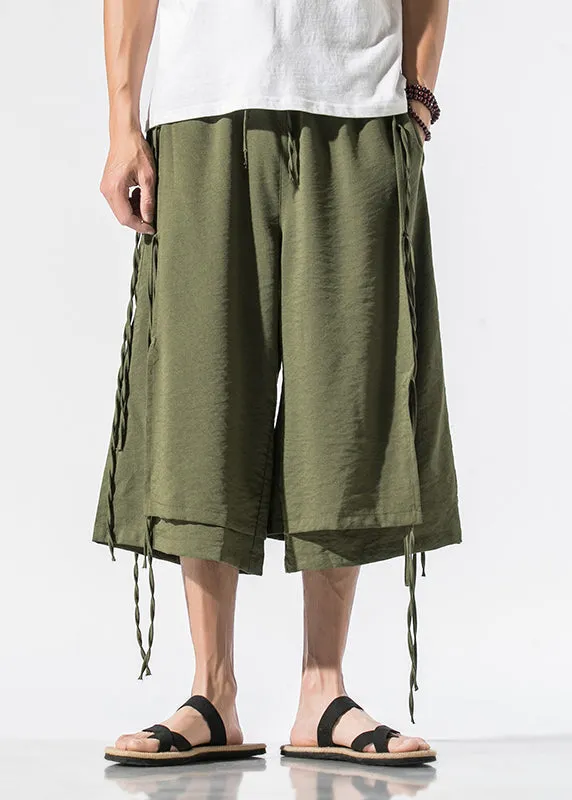 Beach Army Green Pockets Tie Waist Mens Wide Leg Pants YT023