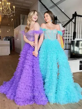 Beaded Ruffled Tulle Prom Dresses with Slit Off the Shoulder Formal Gown 22178