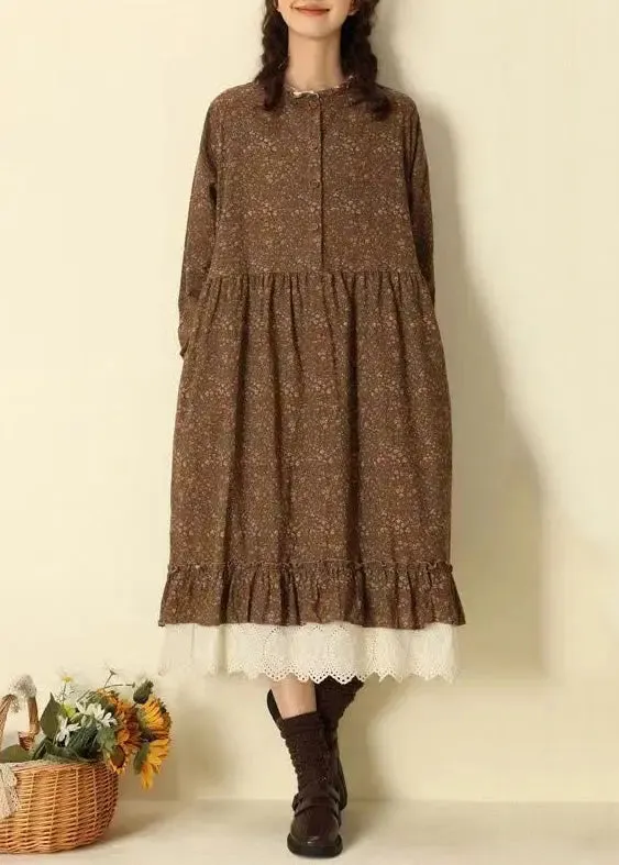 Beautiful Coffee Ruffled Print Pockets Patchwork Cotton Long Dresses Fall ML3370