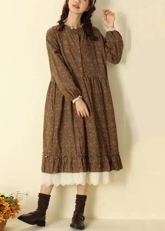 Beautiful Coffee Ruffled Print Pockets Patchwork Cotton Long Dresses Fall ML3370