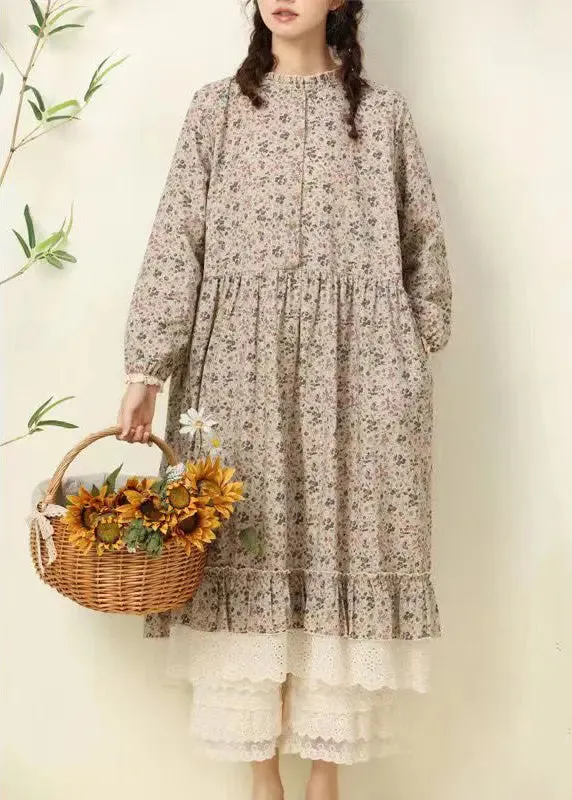 Beautiful Coffee Ruffled Print Pockets Patchwork Cotton Long Dresses Fall ML3370