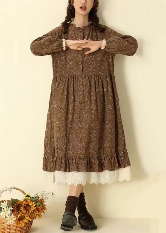 Beautiful Coffee Ruffled Print Pockets Patchwork Cotton Long Dresses Fall ML3370