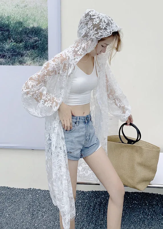 Beautiful White Embroideried Hooded Tulle Cardigans Summer