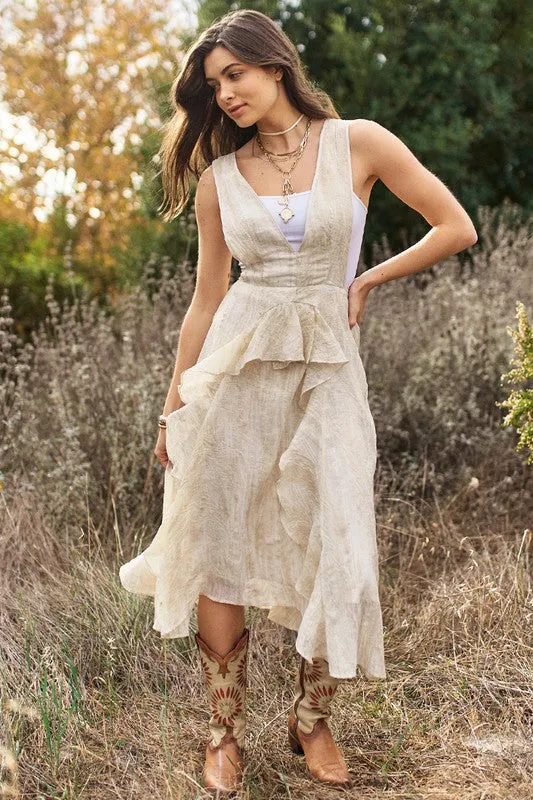 Beige Washed Tie-Dye Ruffled Midi Dress