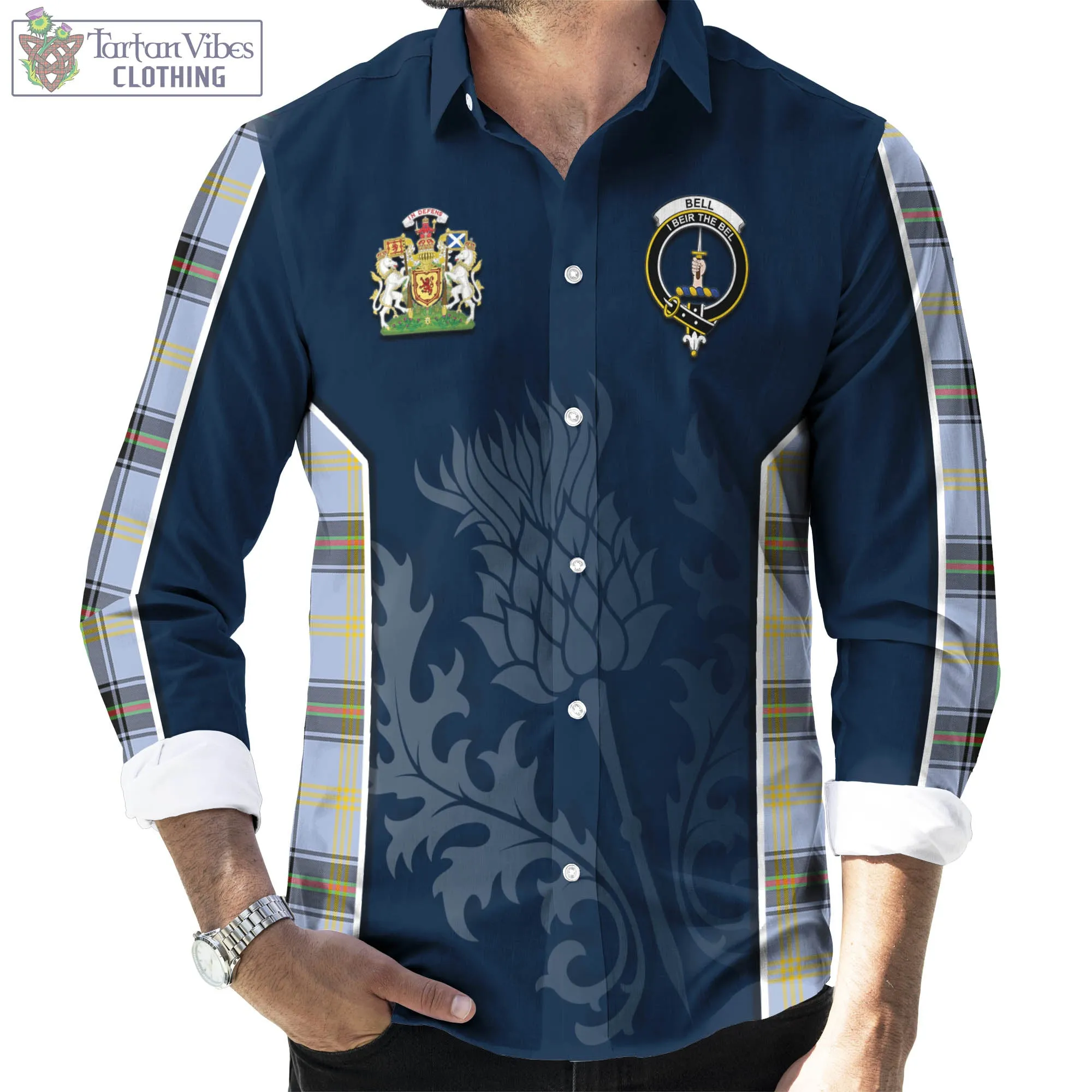 Bell Tartan Long Sleeve Button Up Shirt with Family Crest and Scottish Thistle Vibes Sport Style