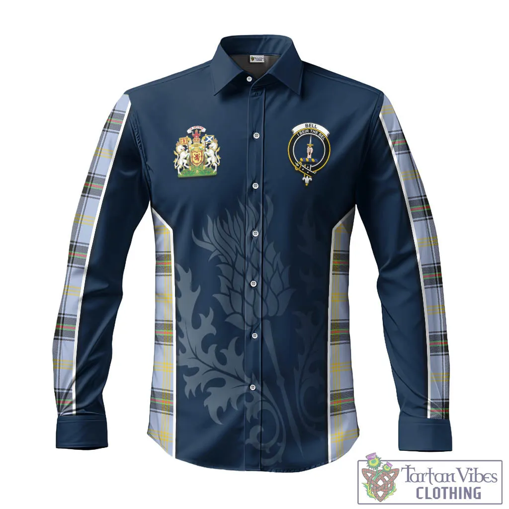 Bell Tartan Long Sleeve Button Up Shirt with Family Crest and Scottish Thistle Vibes Sport Style