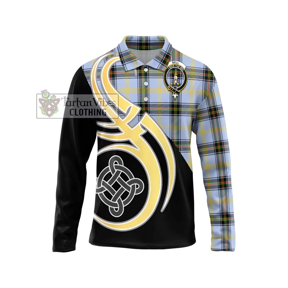 Bell Tartan Long Sleeve Polo Shirt with Family Crest and Celtic Symbol Style