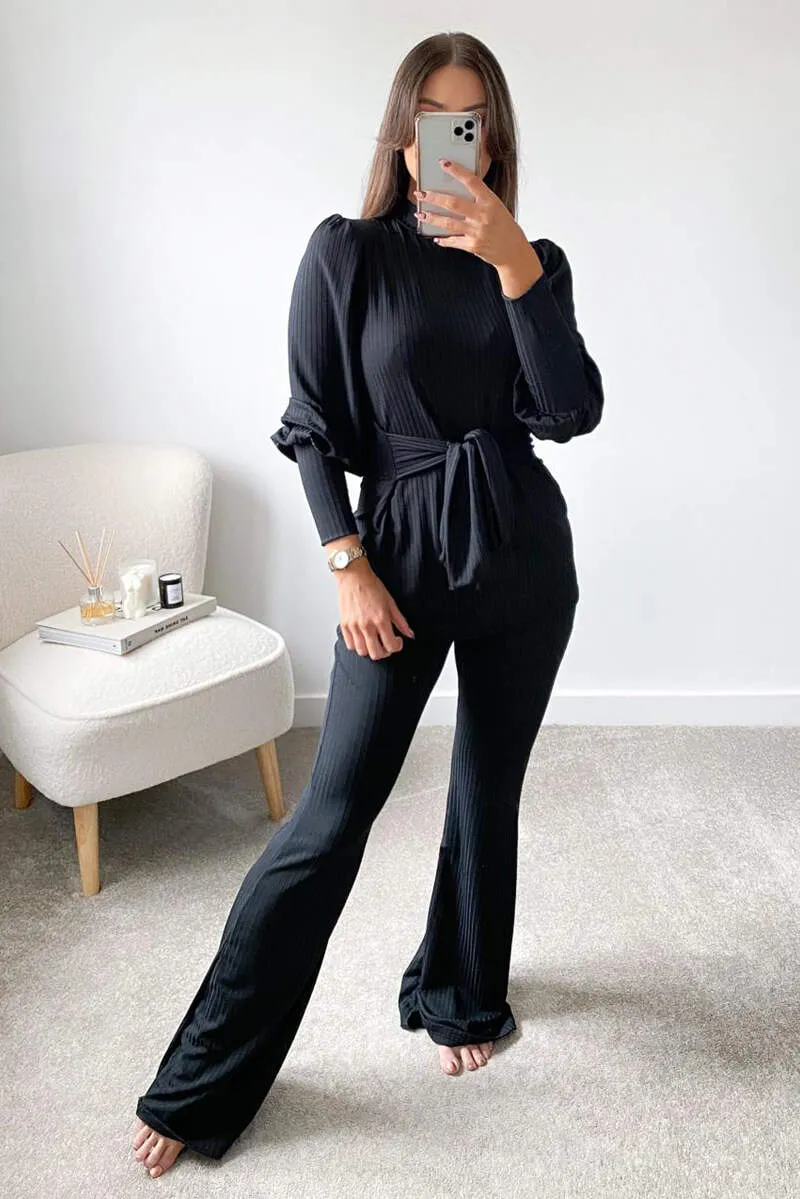 Black Ribbed Tie Waist Lounge Set