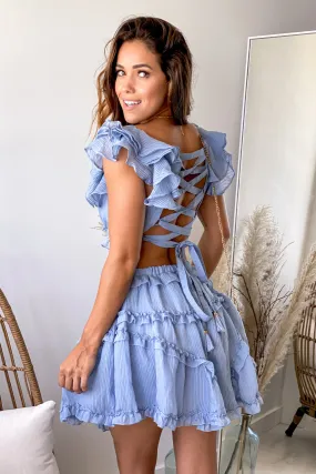 Blue Ruffled Short Dress With Strappy Back