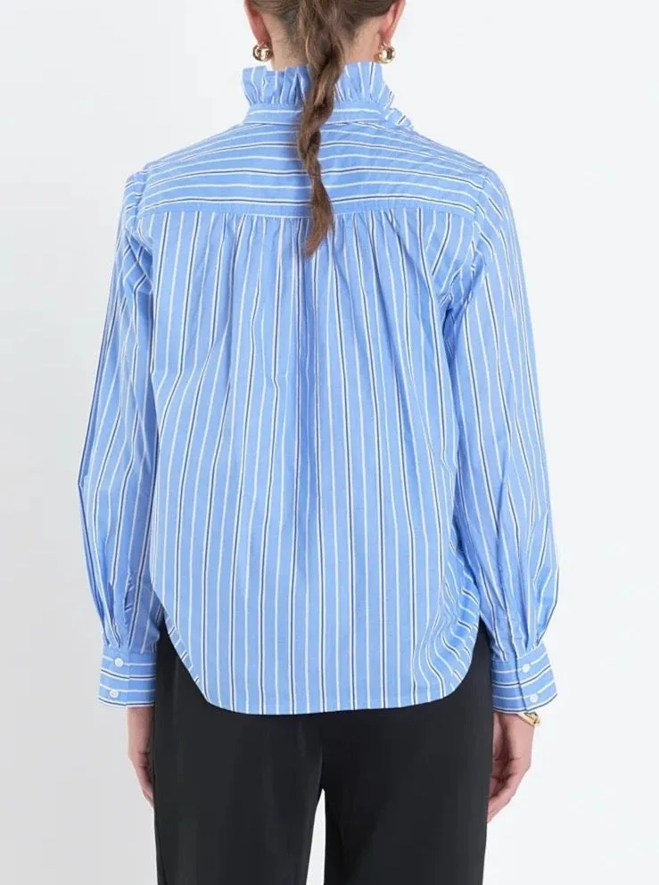 Blue Striped Ruffle Blouse