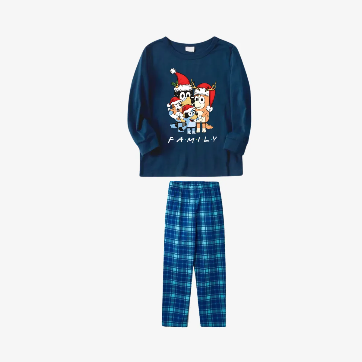 Bluey-Themed Festive Animal Pattern Sky Blue Plaid Family Pajama Sets