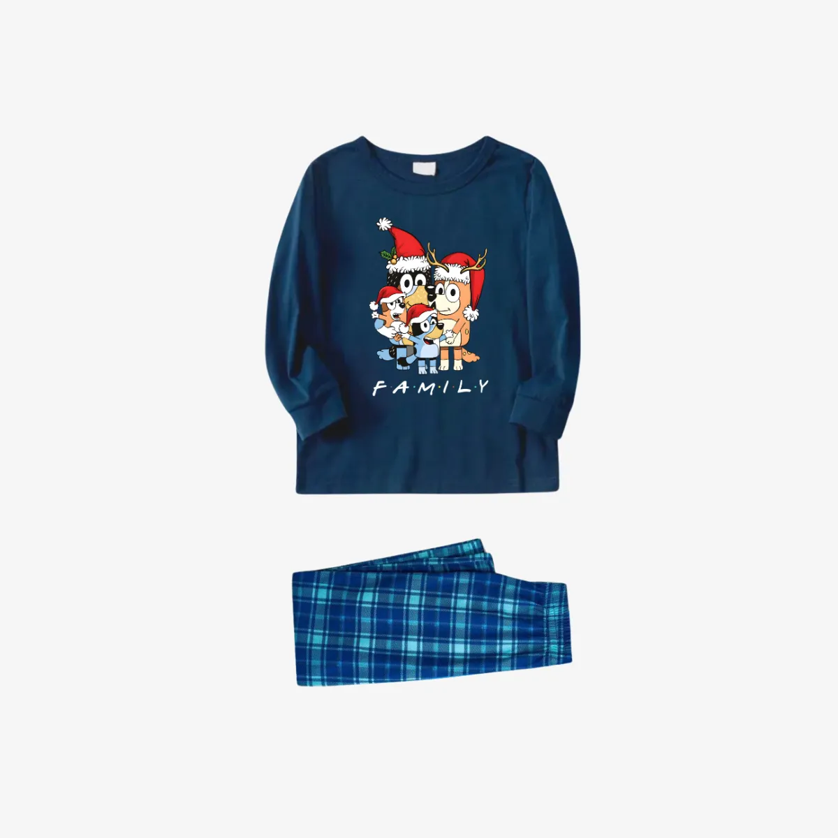 Bluey-Themed Festive Animal Pattern Sky Blue Plaid Family Pajama Sets