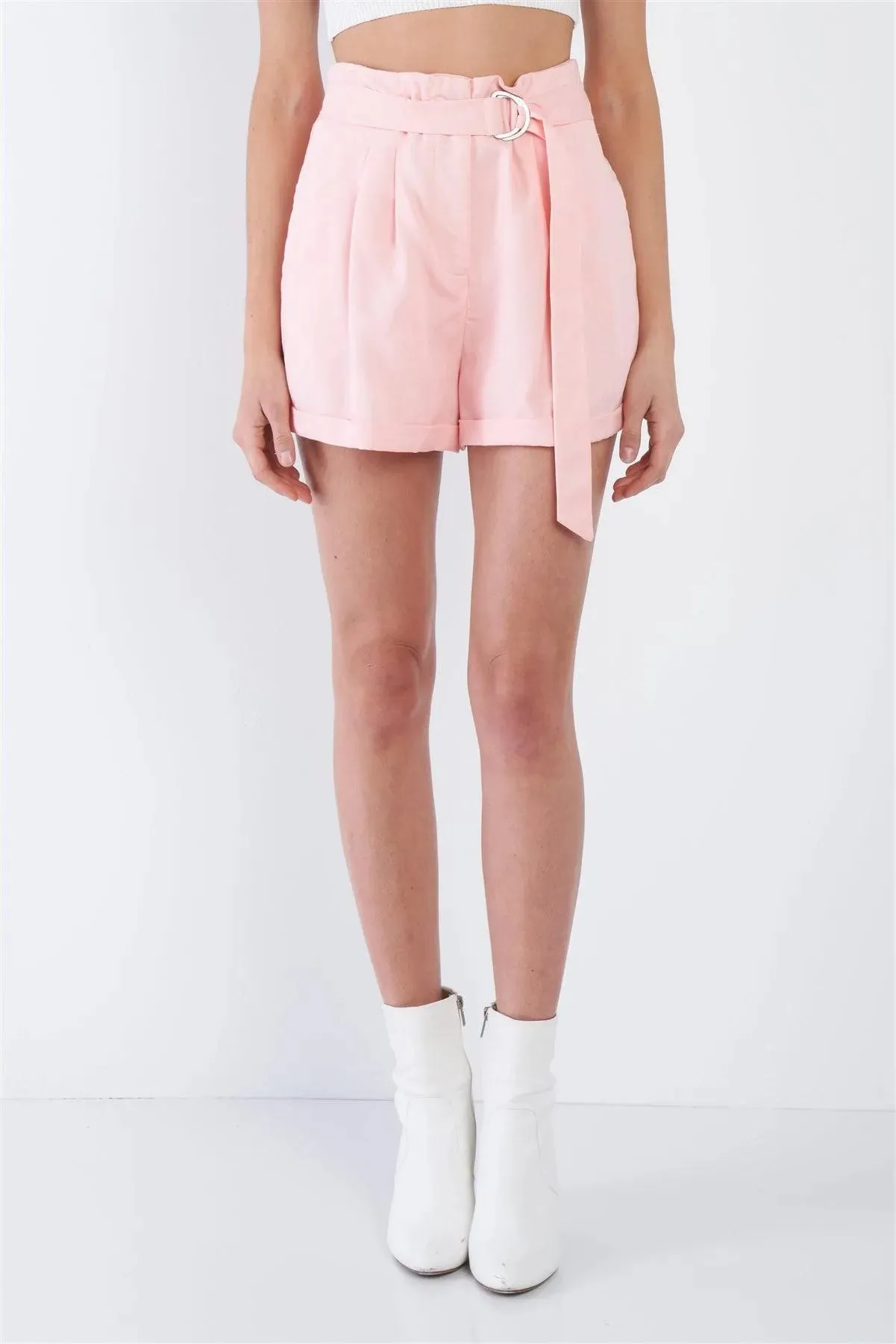 Blush High Waist Tie Pleated Cuffed Hem Mini Shorts