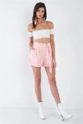 Blush High Waist Tie Pleated Cuffed Hem Mini Shorts