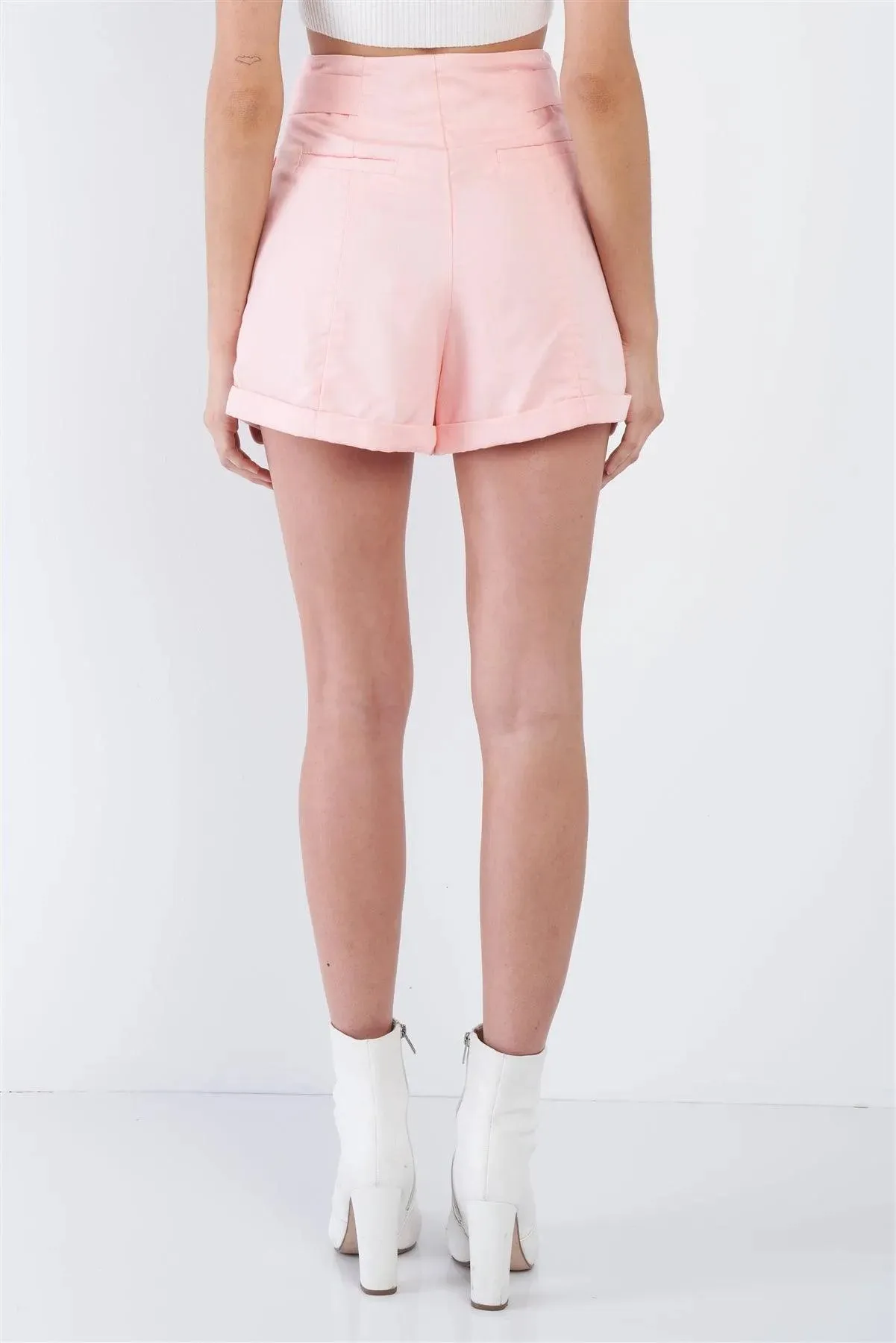 Blush High Waist Tie Pleated Cuffed Hem Mini Shorts