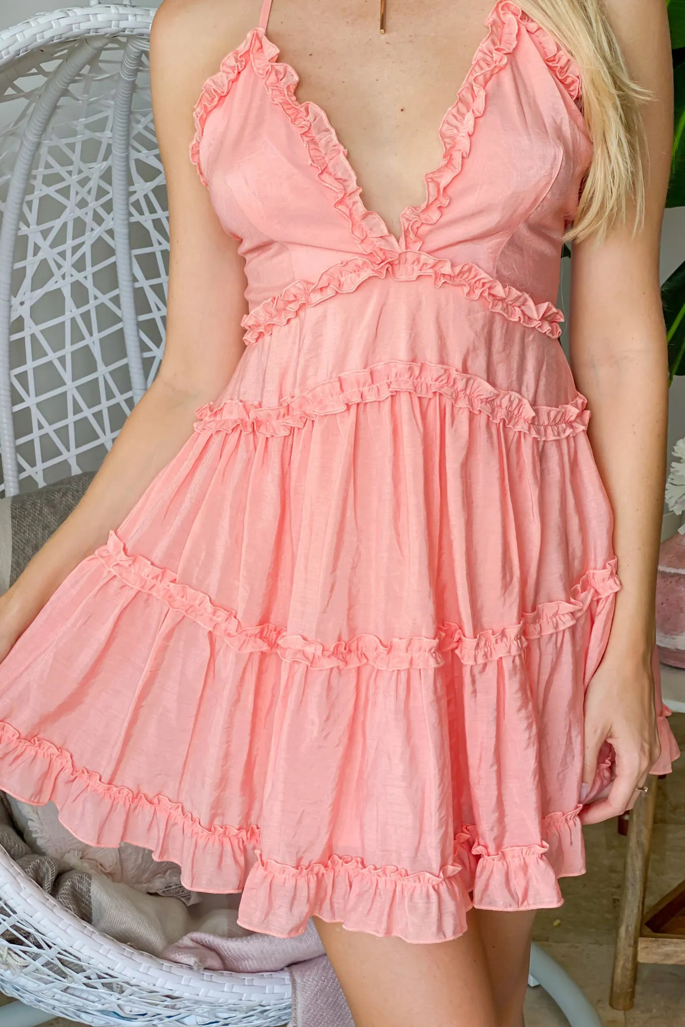 Blush V-Neck Short Dress with Ruffle Details