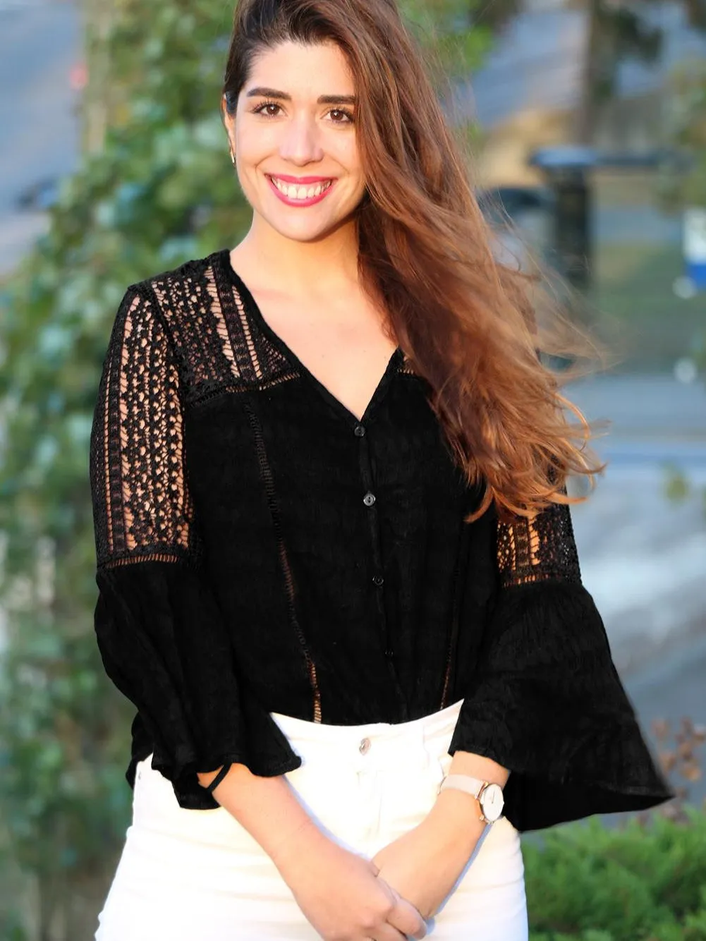 Bohemian Black Crochet Bell Sleeve Blouse