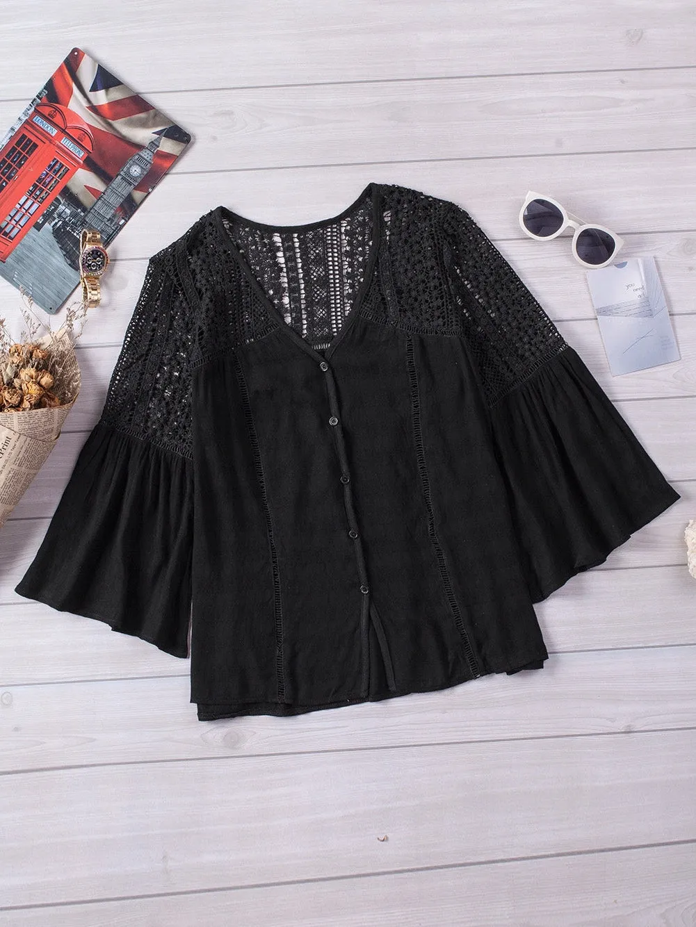 Bohemian Black Crochet Bell Sleeve Blouse