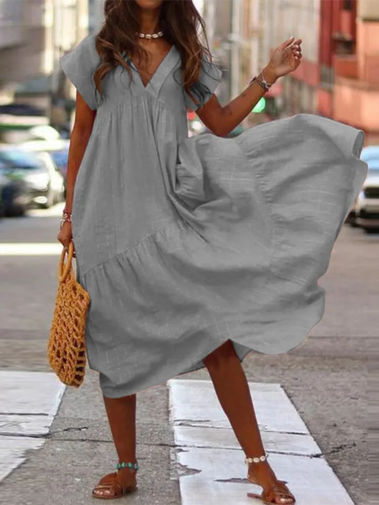 Bohemian V-Neck Solid Ruffle Dress Collection