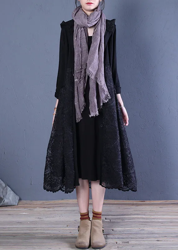 Boho Black Hooded Lace Patchwork Cardigans Spring