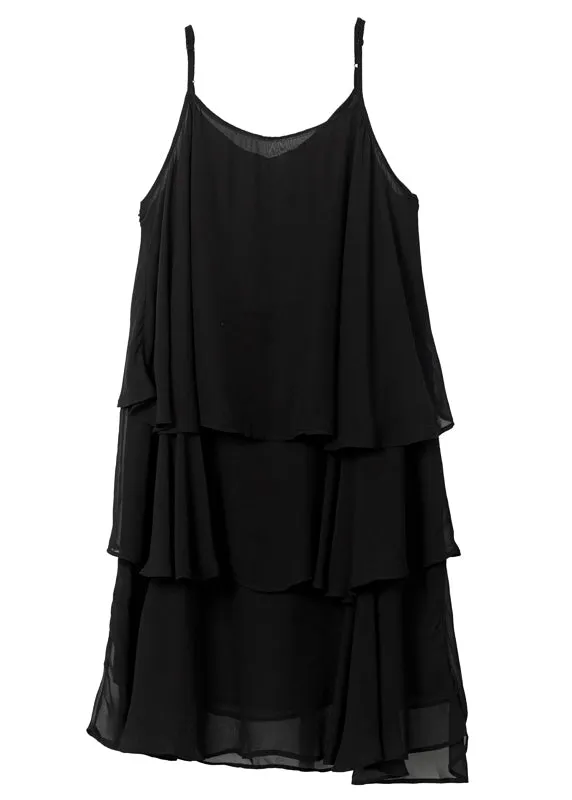 Boutique Black Oversized Layered Design Chiffon Spaghetti Strap Dresses Summer LY0272