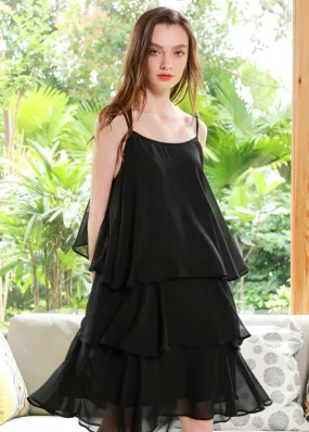 Boutique Black Oversized Layered Design Chiffon Spaghetti Strap Dresses Summer LY0272