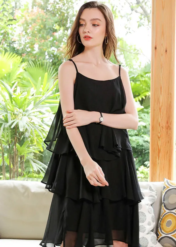 Boutique Black Oversized Layered Design Chiffon Spaghetti Strap Dresses Summer LY0272