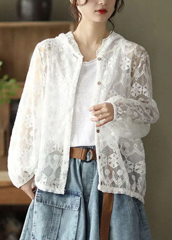 Boutique White Hooded Lace UPF 50  Coat Cardigans Summer