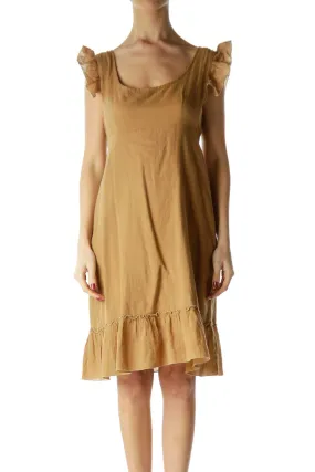 Brown Ruffled Cap Sleeve Day Dress