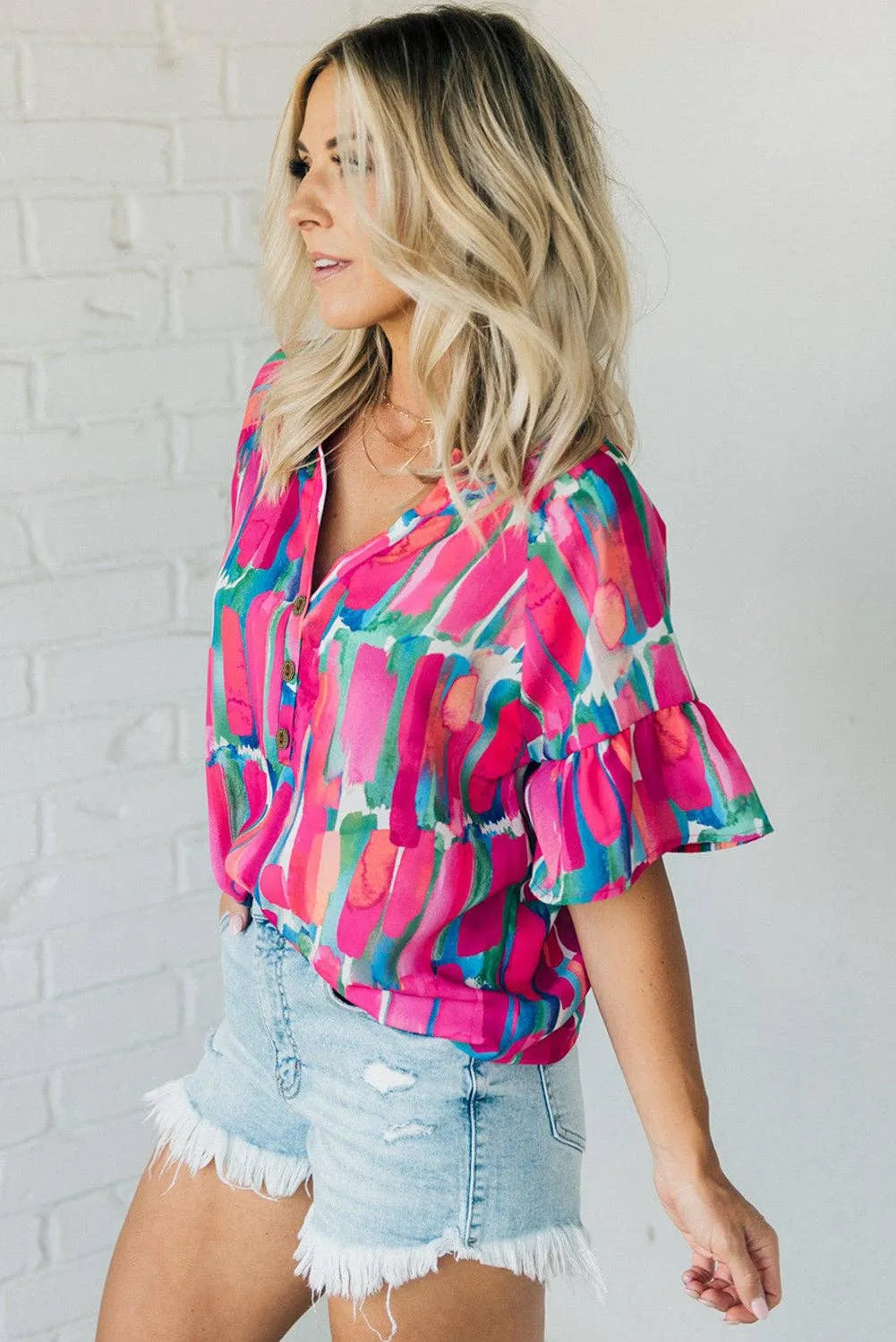 Brushstroke Print Bell Sleeve V Neck Buttoned Blouse