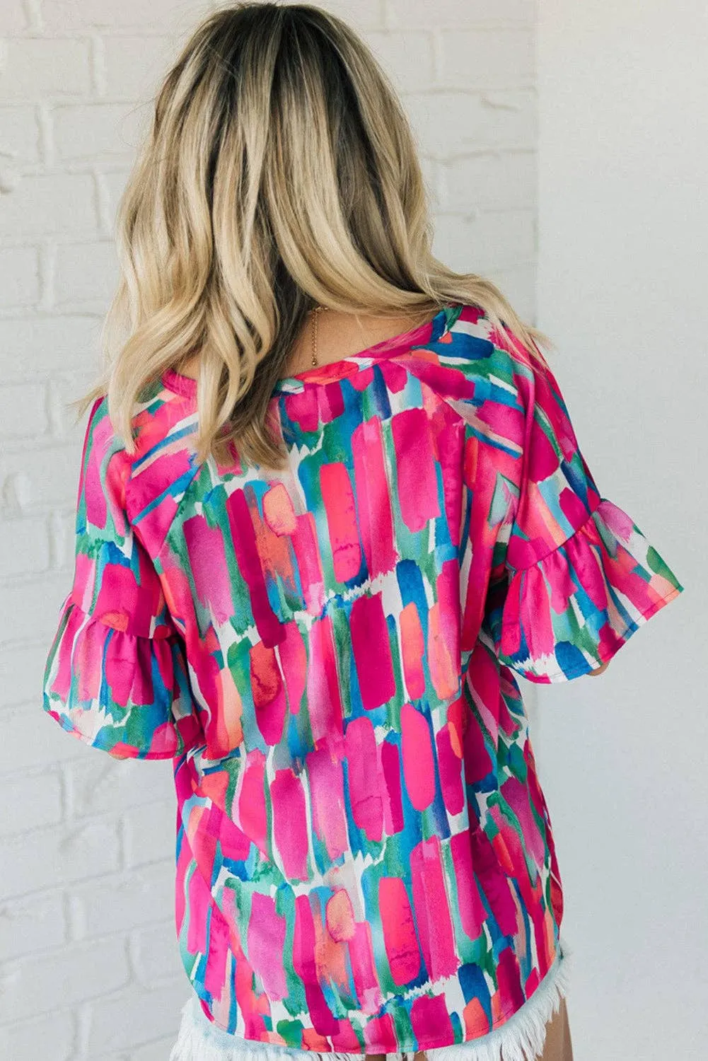 Brushstroke Print Bell Sleeve V Neck Buttoned Blouse